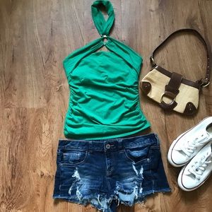 Moda International Emerald Green Tube Top Strap Around Neck Ruched Sides Medium